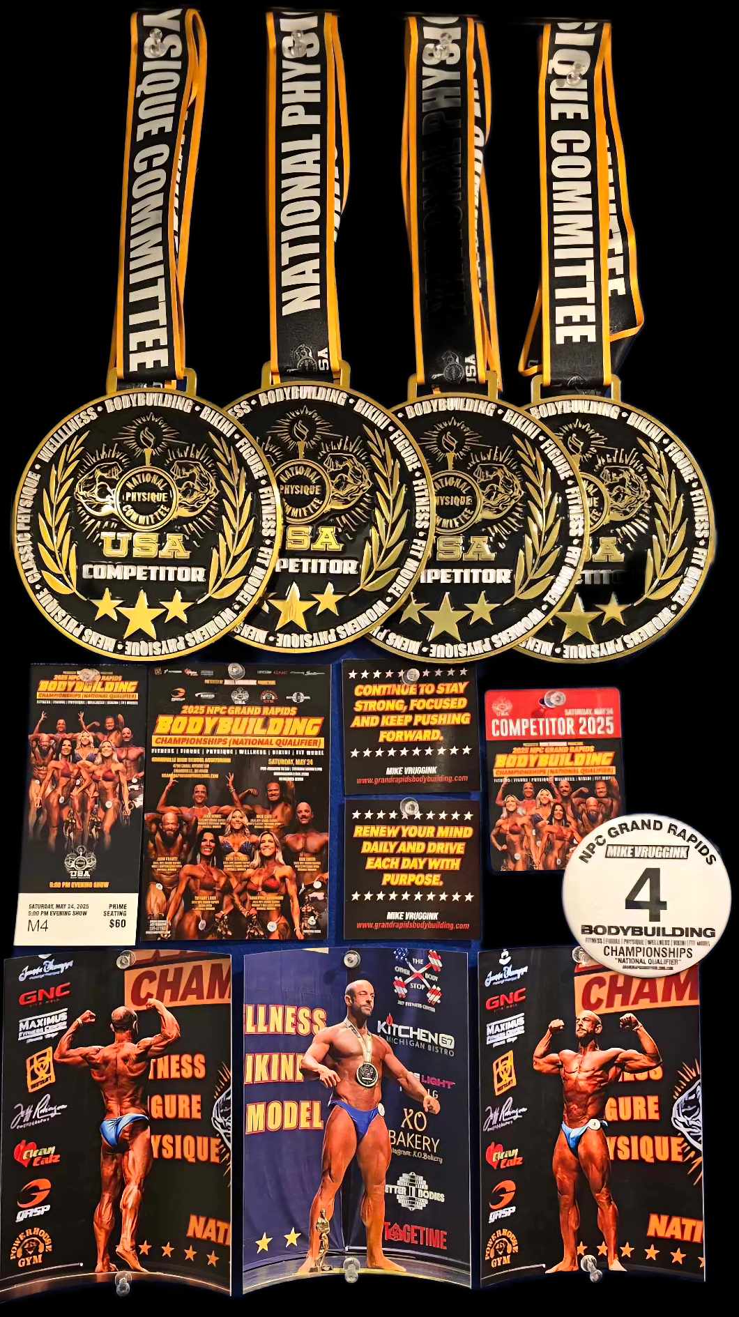 Multiple gold medals held across chest